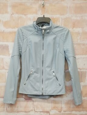 Guess Light Blue Women's Zip-Front Faux Leather Jacket Size XS